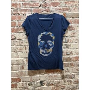 Zadig & Voltaire Camo Skull Strass Navy Blue Henley T-Shirt Size L